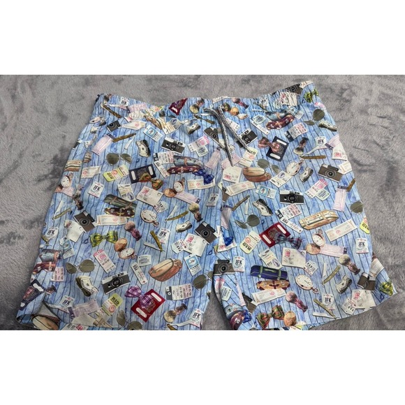 Vintage Michaels Large Swim Trunks Travel Print Passport Camera Yellow Morocco - Picture 2 of 7